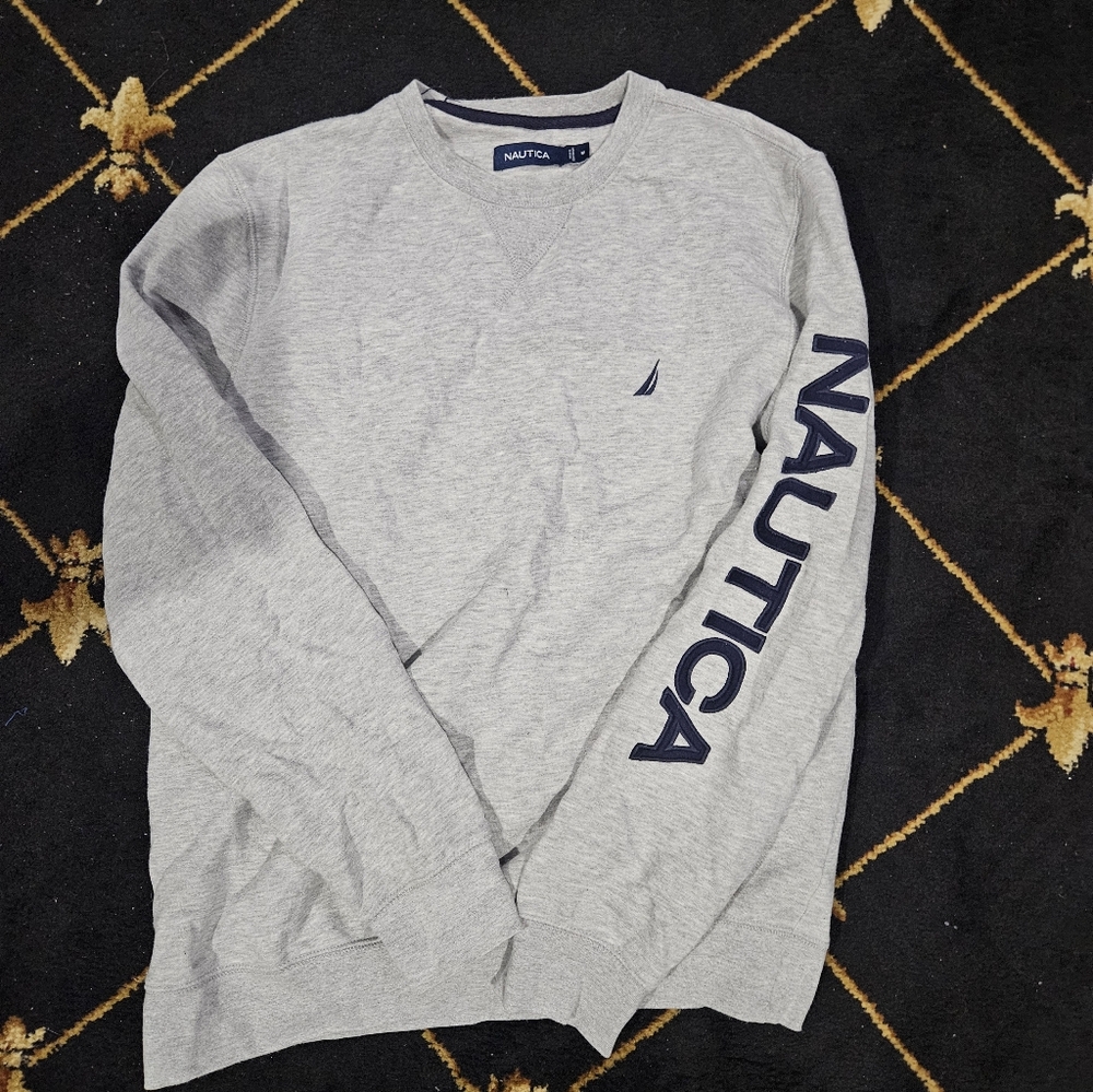 Nautica Men's Medium Pullover Sweater Long Sleeve Navy Blue Sleeve Lettering